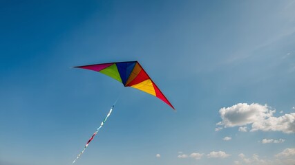A Colorful Kite with Long Yellow and Red Tails Soaring Freely Against a Bright Blue Sky