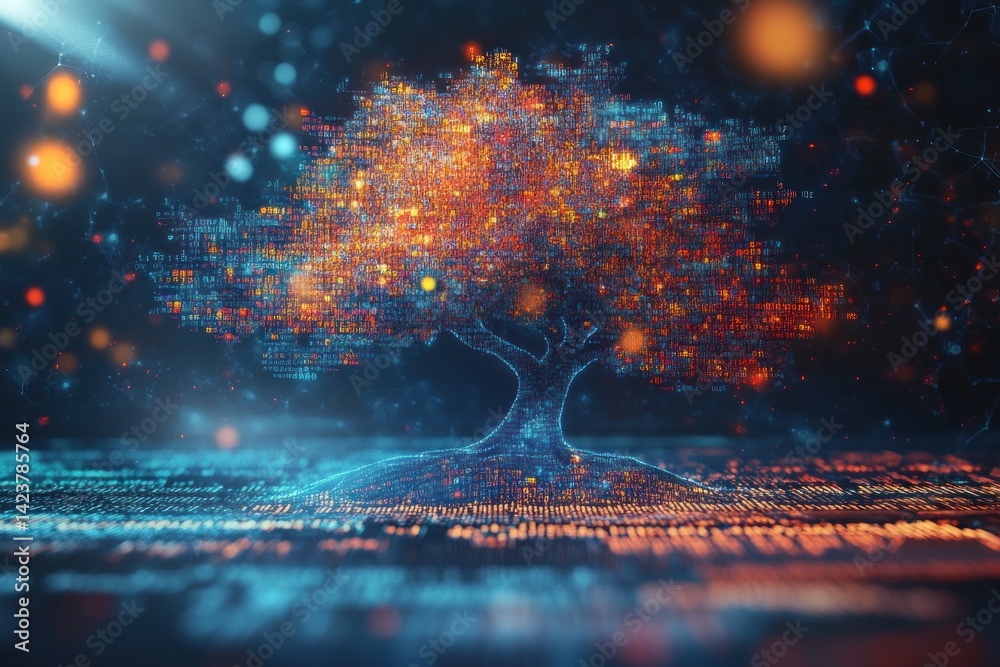 Poster glowing digital tree of binary code