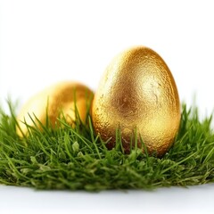 Golden Easter egg in green grass, isolated on a white background. Detailed illustration, high-resolution, professional photograph.