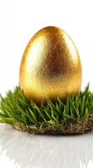 Golden Easter egg in green grass, isolated on a white background. Detailed illustration, high-resolution, professional photograph.