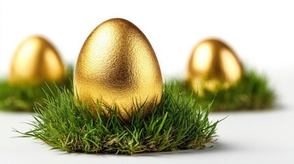Golden Easter egg in green grass, isolated on a white background. Detailed illustration, high-resolution, professional photograph.