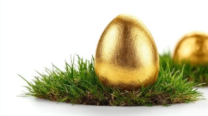 Golden Easter egg in green grass, isolated on a white background. Detailed illustration, high-resolution, professional photograph.