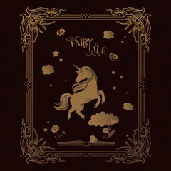 Flat style unicorn among clouds, star and rose. A lively fairy tale in warm colors with a vintage frame. Children's fantasy book cover. A fairy tale creature. Magic and enchantment. Children's dream.