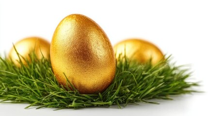 Golden Easter egg in green grass, isolated on a white background. Detailed illustration, high-resolution, professional photograph.