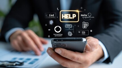 Businessman using a mobile phone with a virtual screen showing the "HELP - tracking and customer service" icon, with a help button in hand on a desk background for support or live chat online. This bu