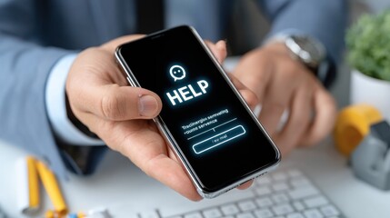 Businessman using a mobile phone with a virtual screen showing the "HELP - tracking and customer service" icon, with a help button in hand on a desk background for support or live chat online. This bu