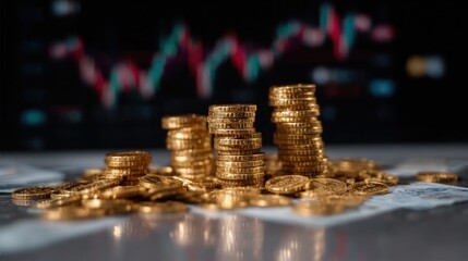 A pile of gold coins with stock market charts in the background, symbolizing the concept of wealth and business success. Realistic photo, cinematic style, low-key lighting.No blur