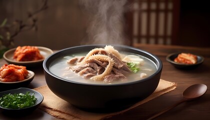 Fototapeta premium Seolleongtang in a minimalist setting, featuring beef and tripe in a creamy broth. Clean lines and soft tones highlight the dish’s calm, hearty essence.