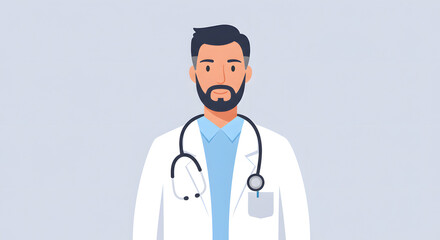 Fototapeta premium A handsome young doctor in a white coat smiles confidently with a stethoscope, embodying professional medical care
