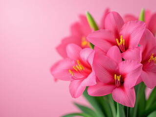 Fototapeta premium vibrant bouquet of pink hippeastrum flowers stands out against soft pink background, showcasing their delicate petals and bright yellow stamens, evoking sense of joy and beauty
