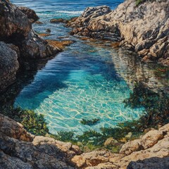Crystal-clear coastal pool nestled among rocks. Sunlight reflecting on the water's surface