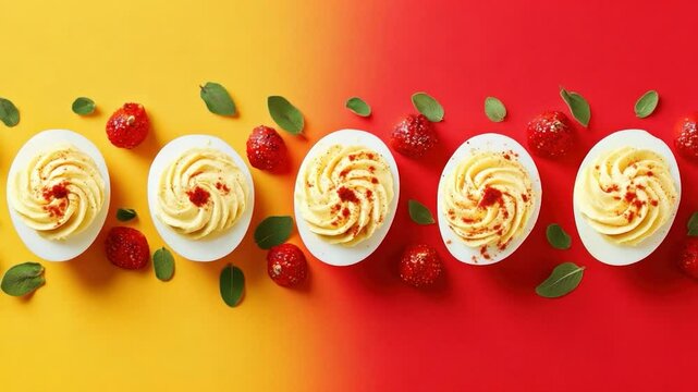 Decorated deviled eggs on a yellow and red gradient background