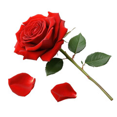 Isolated transparent PNG die-cut. Single Red Rose with Petals on Black Background