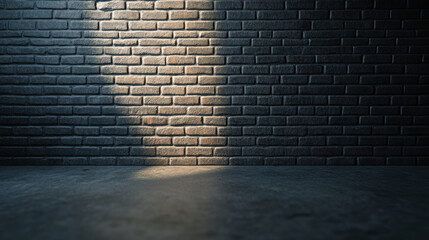 textured wall with dark bricks is illuminated by soft light, creating dramatic contrast. surface below is smooth, enhancing overall industrial aesthetic of scene