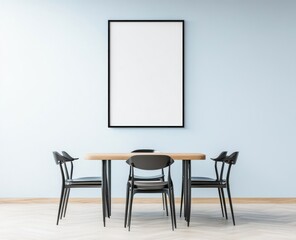 A dining room table with chairs and an empty picture frame
