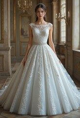 Fototapeta premium Elegant A-Line Wedding Dress with Lace Appliques and Beading