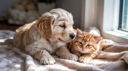Puppy and kitten sleeping peacefully on a soft blanket, radiating warmth and serenity.
