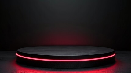 Empty black circular display pedestal with red lighting on dark background, ideal for showcasing products or branding designs.