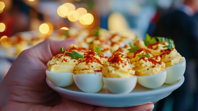 Handheld plate of deviled eggs at a party