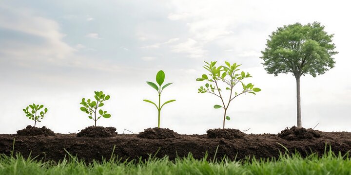 Tree growth stages from seedling to mature tree sky background