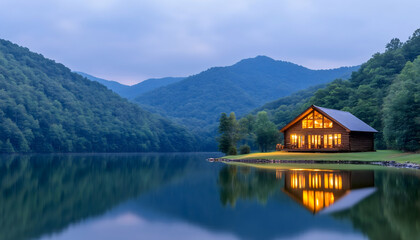 Fototapeta premium Illuminated lake house nestled in a serene mountain valley at dusk