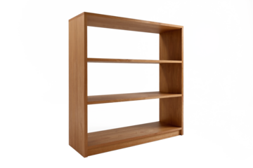 Minimalist wooden bookcase standing upright, offering three empty horizontal shelves for books or decorative items, crafted from light-colored wood, presented isolated on a transparent background