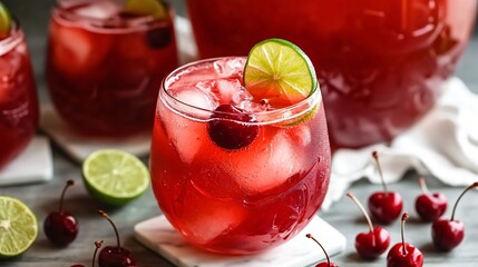 Refreshing red fruit cocktail garnished with lime and cranberries on a vibrant background for beverage or summer themes.