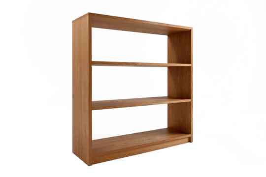 Minimalist wooden bookcase standing upright, offering three empty horizontal shelves for books or decorative items, crafted from light-colored wood, presented isolated on a transparent background