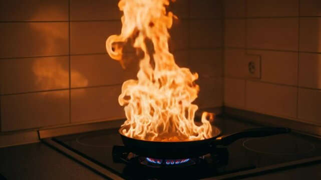 燃える炎、フライパン照らす暖色系光