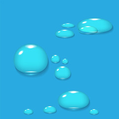 Transparent water droplets on a blue background. Bubbles of hyaluronic acid. Transparent drops of collagen. Vector illustration.