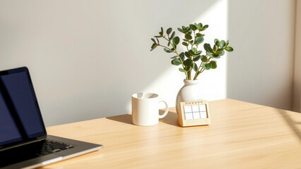 Modern workspace with eucalyptus in a white vase, mug and wooden calendar. Clean style and coziness create an atmosphere of calm. Ideal for productivity and design themes.