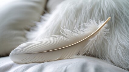 Bright and Airy Bedroom Scene with a Soft White Feather Resting on a Pillow and Cozy Warm Blanket