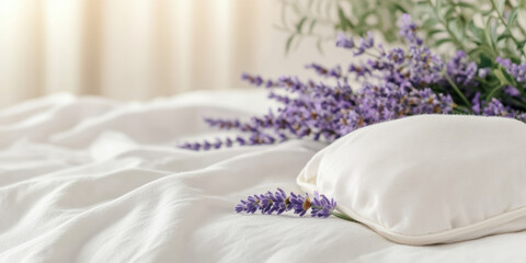 Lavender bouquet on pristine white bed with sunlight creating serene and peaceful bedroom atmosphere
