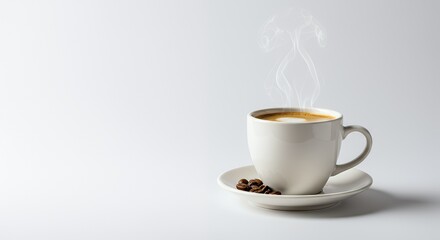 Steam rises from a white ceramic coffee cup.