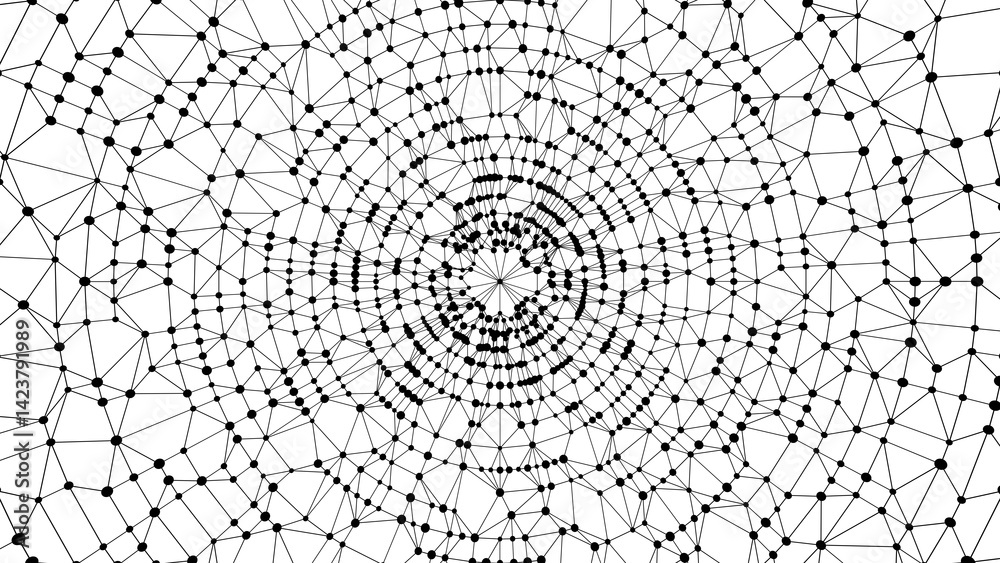 Poster Technology abstract background. Dots connected by lines. Minimalist mesh backdrop. Abstract polygonal radial shape. Plexus circles.