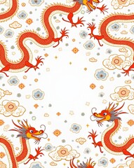 Obraz premium Elegant Chinese Dragon Frame with Clouds and Floral Accents.