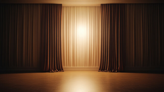 serene interior scene featuring elegant curtains framing softly lit backdrop, creating warm and inviting atmosphere. wooden floor adds touch of sophistication to setting