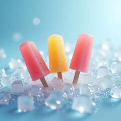 realistic popsicles placed on a bed of ice cubes with visible condensation and soft mist light blue background close-up sharp textures cold fresh summer mood no brand no writing studio style photograp