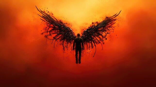 A person with mechanical wings flying through a stormy sky.