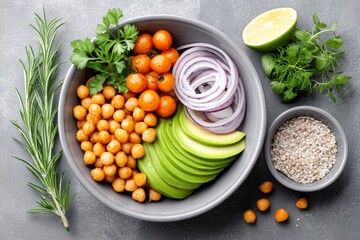 A food blogger styling a vibrant plant-based lunch for photos
