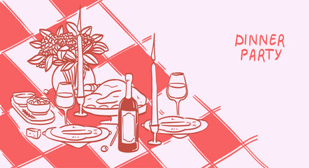 Romantic outdoor dinner poster, banner or placard. Wine and flower bouquet drawing for birthday or wedding party invitations. Served table for two, couples, family dinner in restaurant, cafe or home.
