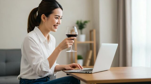 Asian woman drinking red wine while working on laptop at home, enjoying relaxed productive evening in cozy living space