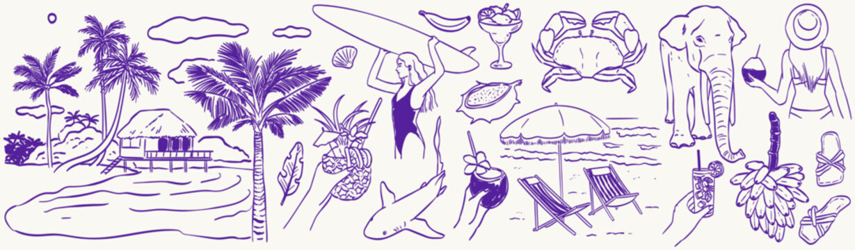 Bali, Thailand tropic resort style vacation. Hand drawn vector illustrations. Doodle ink sketch coconut, palm tree and surf woman on vacation. Blue chalk charcoal style drawings for poster, placard.