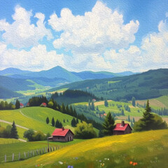 Obraz premium Mountain landscape in oil paint. Pattern for printing on wall decorations, covers, wallpapers