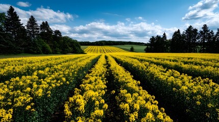 Obraz premium Radiant yellow rapeseed field stretches across a landscape.