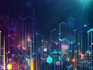Fototapeta premium Futuristic South Korean Cityscape at Night: Abstract Hexagonal Grid with Holographic Elements, Starry Sky, and Neon Light Beams - Dynamic Blue-Purple-Green Palette, 8K Resolution, Text Space for Brand