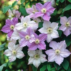 Vibrant blossoms of clematis in various shades of pink and white