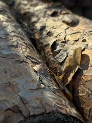 Sunlight filters through the trees illuminating the textured bark of fallen logs. Leaves rest softly on the wood creating a harmonious blend of nature’s elements at dusk