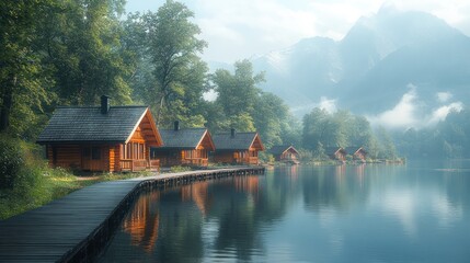 Fototapeta premium Misty lake village reflection