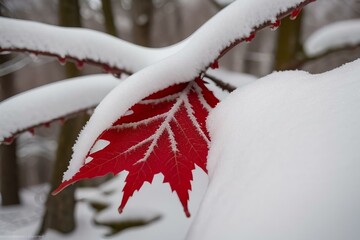 Red And White Maple Leaf In Snow Closeup Photography